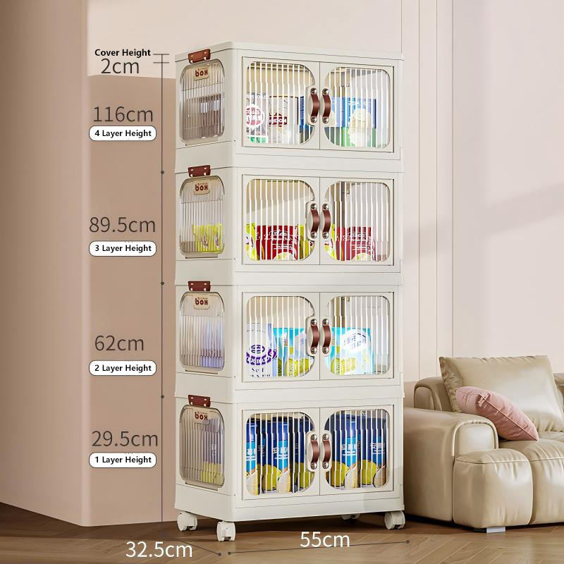 4-Layer Plastic Storage Bins with Lids – Stackable Storage Containers with Wheels, Foldable Closet Organizer Cabinet for Clothes, Toys, Pantry & Home Organization