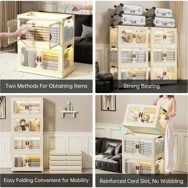 4-Layer Plastic Storage Bins with Lids – Stackable Storage Containers with Wheels, Foldable Closet Organizer Cabinet for Clothes, Toys, Pantry & Home Organization