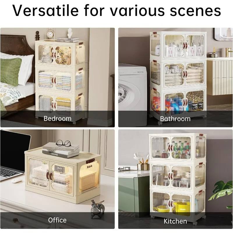 4-Layer Plastic Storage Bins with Lids – Stackable Storage Containers with Wheels, Foldable Closet Organizer Cabinet for Clothes, Toys, Pantry & Home Organization