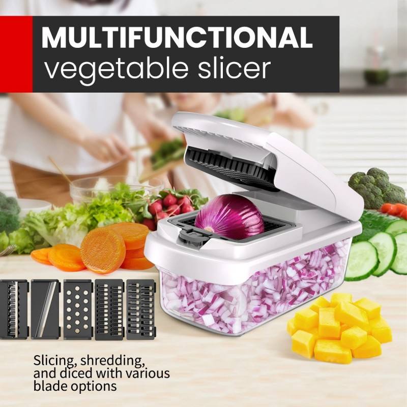 15-in-1 Mandoline Vegetable Chopper with Container – Multifunctional Fruit & Veggie Slicer, Onion Dicer, Grater & Julienne Cutter Set, Kitchen Food Prep Tool with Interchangeable Blades